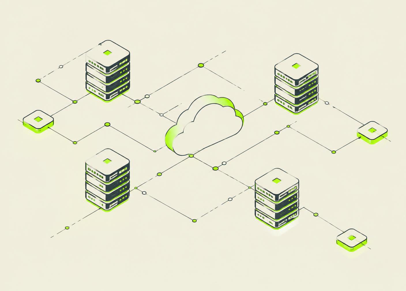 Isometric illustration of servers connected to a central cloud by thin network lines